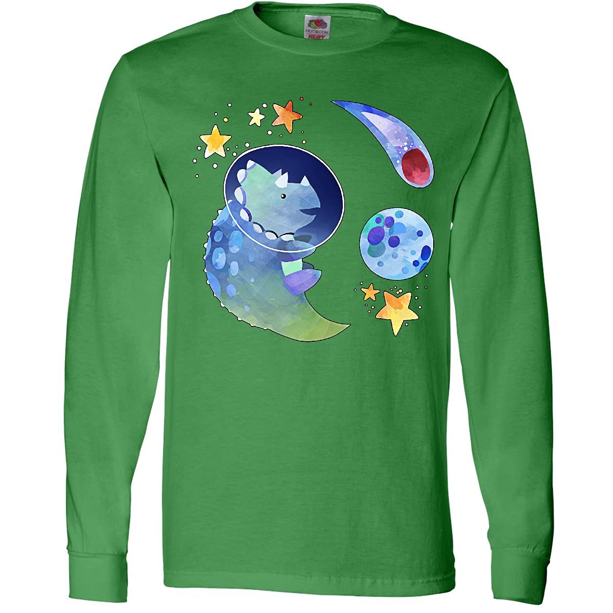 Inktastic Triceratops in Space with Planets and Stars Long Sleeve T-Shirt for Kids | Dinosaur Graphic Tee | Cute Space Theme Shirt for Boys & Girls | Perfect for School, Playdates & Birthday Parties