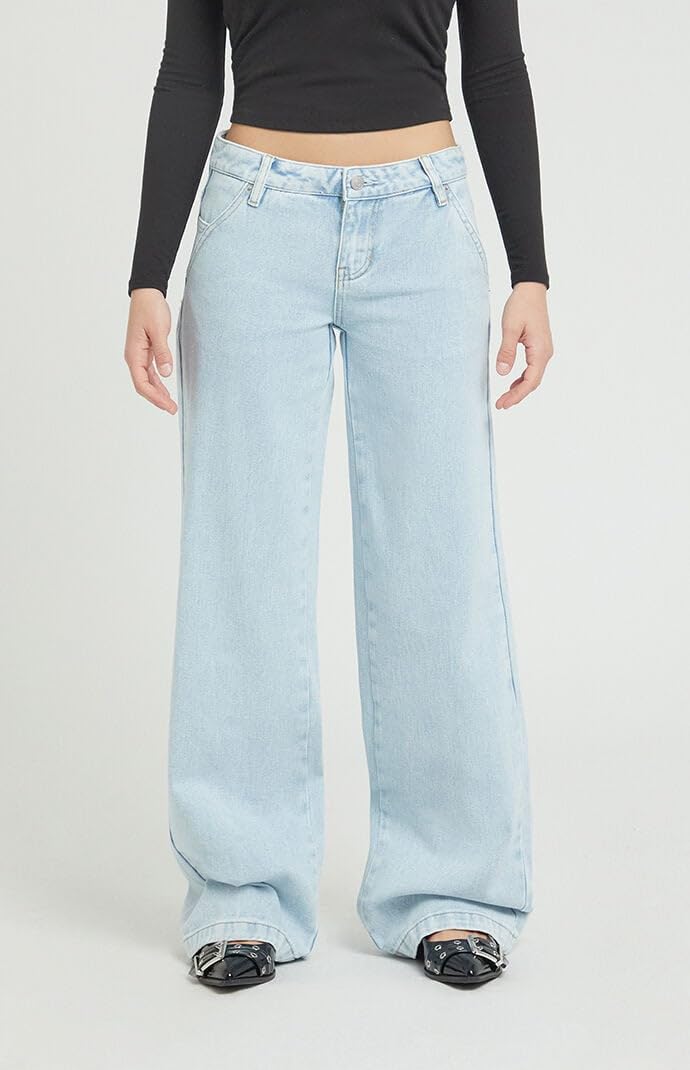 PacSun Women's Casey Button Pocket Low Rise Baggy Jeans - Light Indigo Wash | Vintage Style Distressed Denim for Casual Outfits & Streetwear