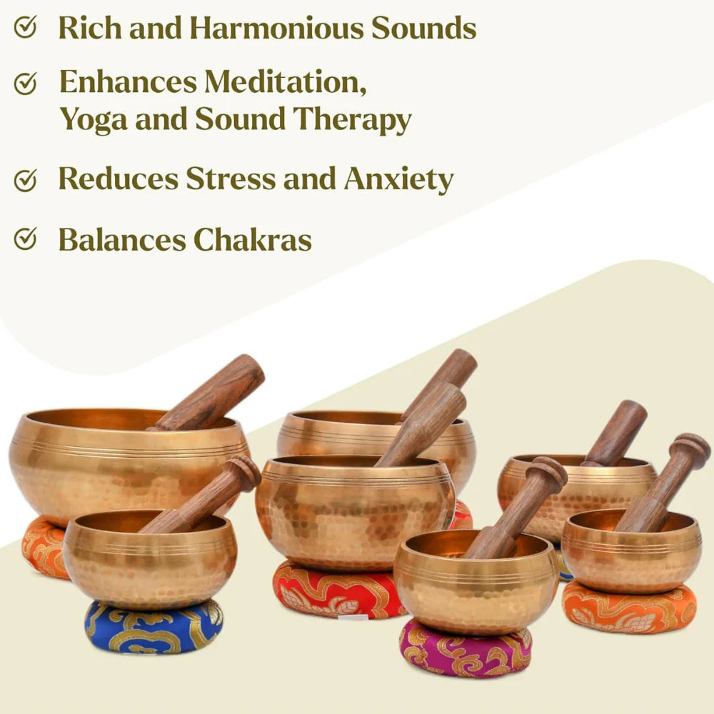 Set of 7 Authentic Tibetan Hand-Hammered Singing Bowls - Meditation, Yoga & Sound Healing Instruments for Relaxation & Mindfulness Practice