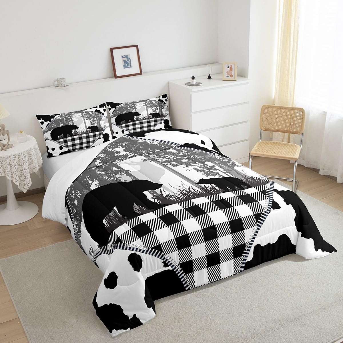 Erosebridal Rustic Bear Wildlife Animal Twin Comforter Set - Cowhide Print Woodland Bedding for Kids, Boys, Girls & Teens - Includes 1 Comforter & 1 Pillowcase - Perfect for Cozy Bedrooms, Cabin Decor & Nature-Themed Kids' Rooms