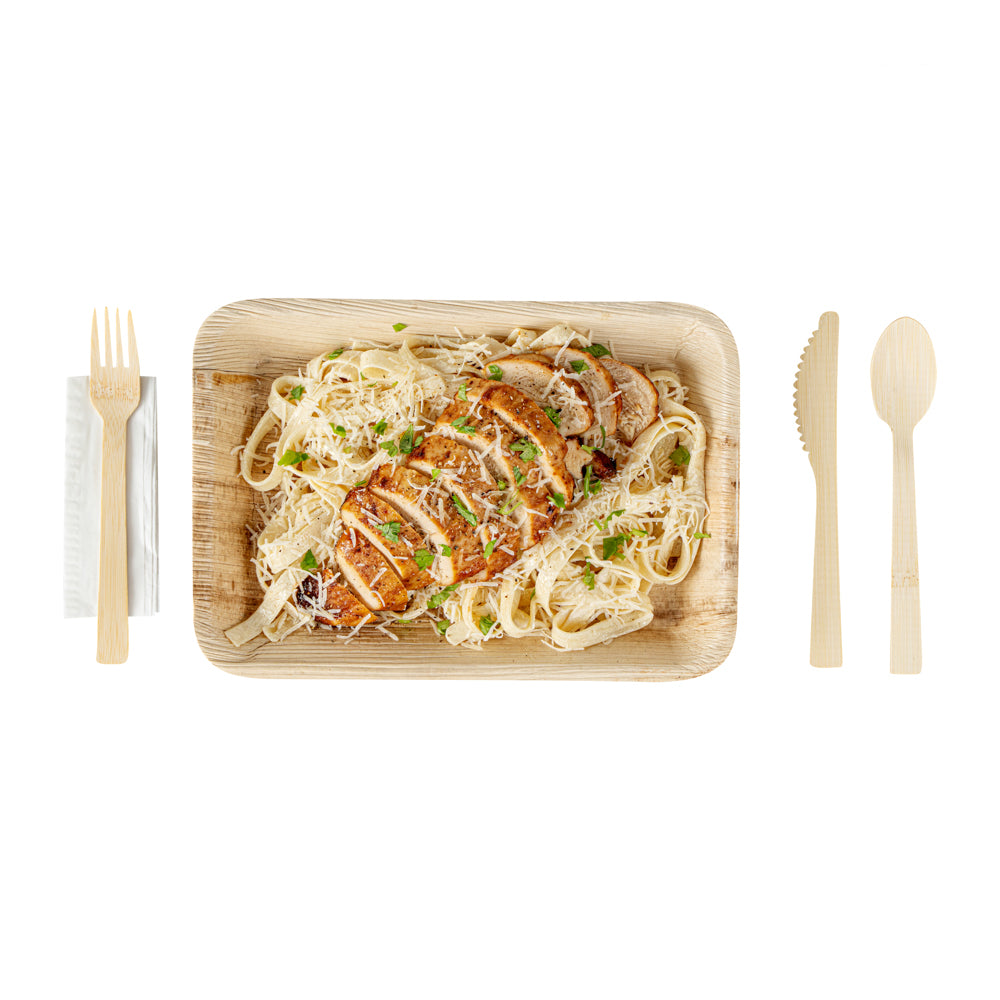 Eco-Friendly Bamboo Disposable Cutlery Set with White Napkins & Kraft Paper Pouch - 500 Count (7-Piece Set) | Perfect for Parties, Picnics, Catering & Sustainable Events