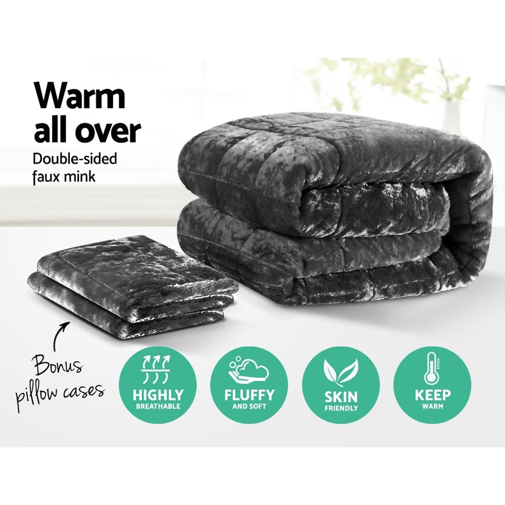 Luxury Faux Mink Quilt Comforter - Super King Size Fleece Throw Blanket for Bed & Sofa - Soft & Warm Charcoal Grey Bedding for All Seasons