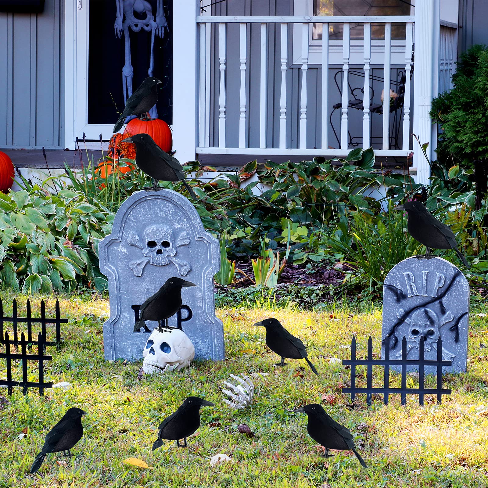 8 Pack Realistic Black Feathered Crow Props - Lifelike Halloween Raven Decorations for Outdoor & Indoor Party, Haunted House, Graveyard, and Themed Events