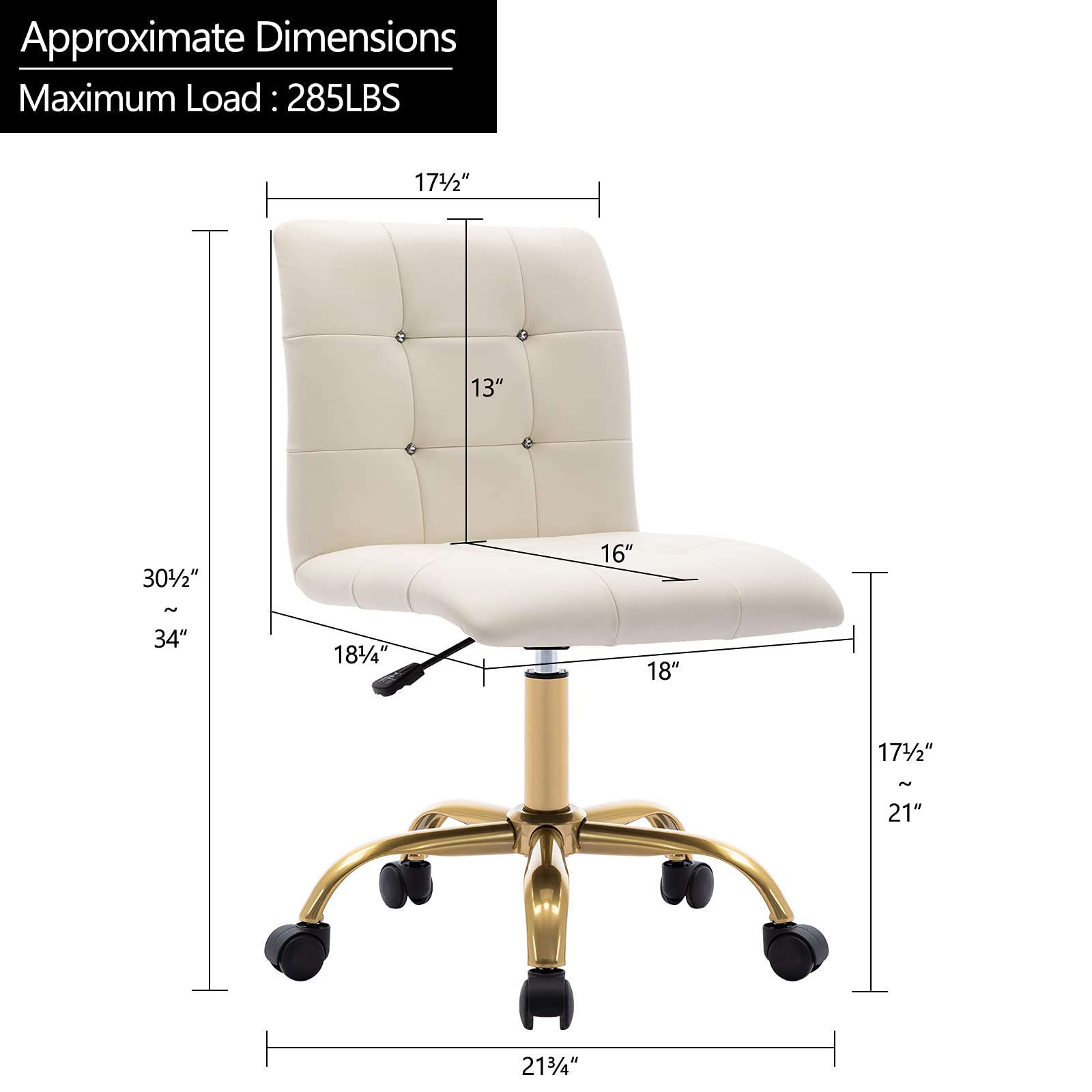 DUHOME Rolling Desk Chair for Women - Elegant Vanity Chair with Wheels, Button Tufted PU Leather Office Chair for Bedroom, Living Room & Home Office - Perfect for Studying, Working & Makeup Vanity (White)
