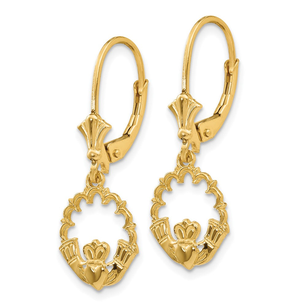 Gold Claddagh Circle Leverback Earrings Model K4525 - Irish Symbol Jewelry for Women, Perfect for Weddings, Anniversaries & St. Patrick's Day Gifts