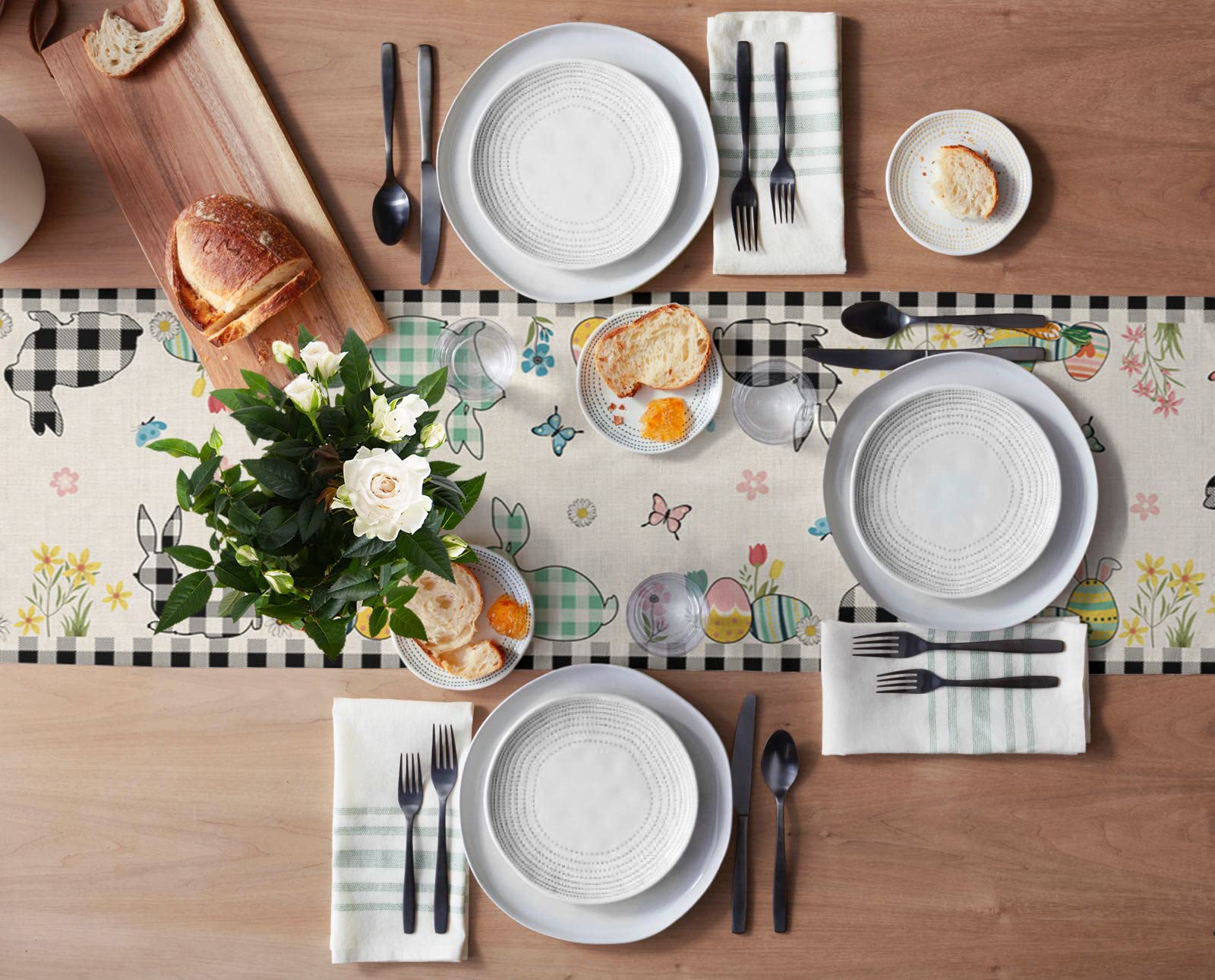 90 Inch Easter Table Runner - Black and White Buffalo Plaid with Eggs & Rabbits Design - 13x90in Kitchen Dining Table Decor for Holiday Parties, Home Decor, Coffee Table & Buffet Settings