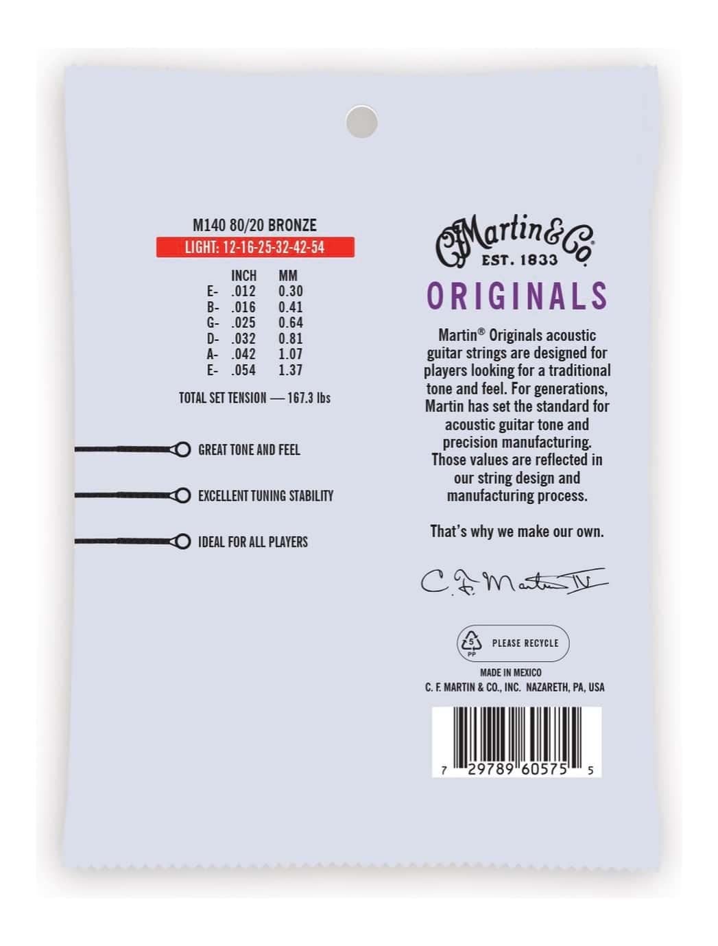 Martin Guitar Original Acoustic M140 Strings - 80/20 Bronze Light-Gauge for Acoustic Guitars | Perfect for Folk, Country & Fingerstyle Playing