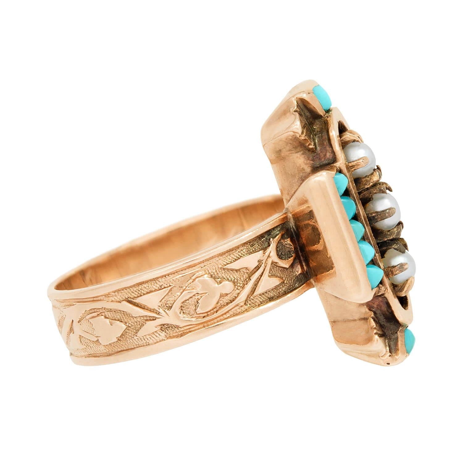 14K Victorian Style Turquoise and Pearl Navette Ring - Elegant Antique Jewelry for Women, Perfect for Weddings, Parties & Special Occasions