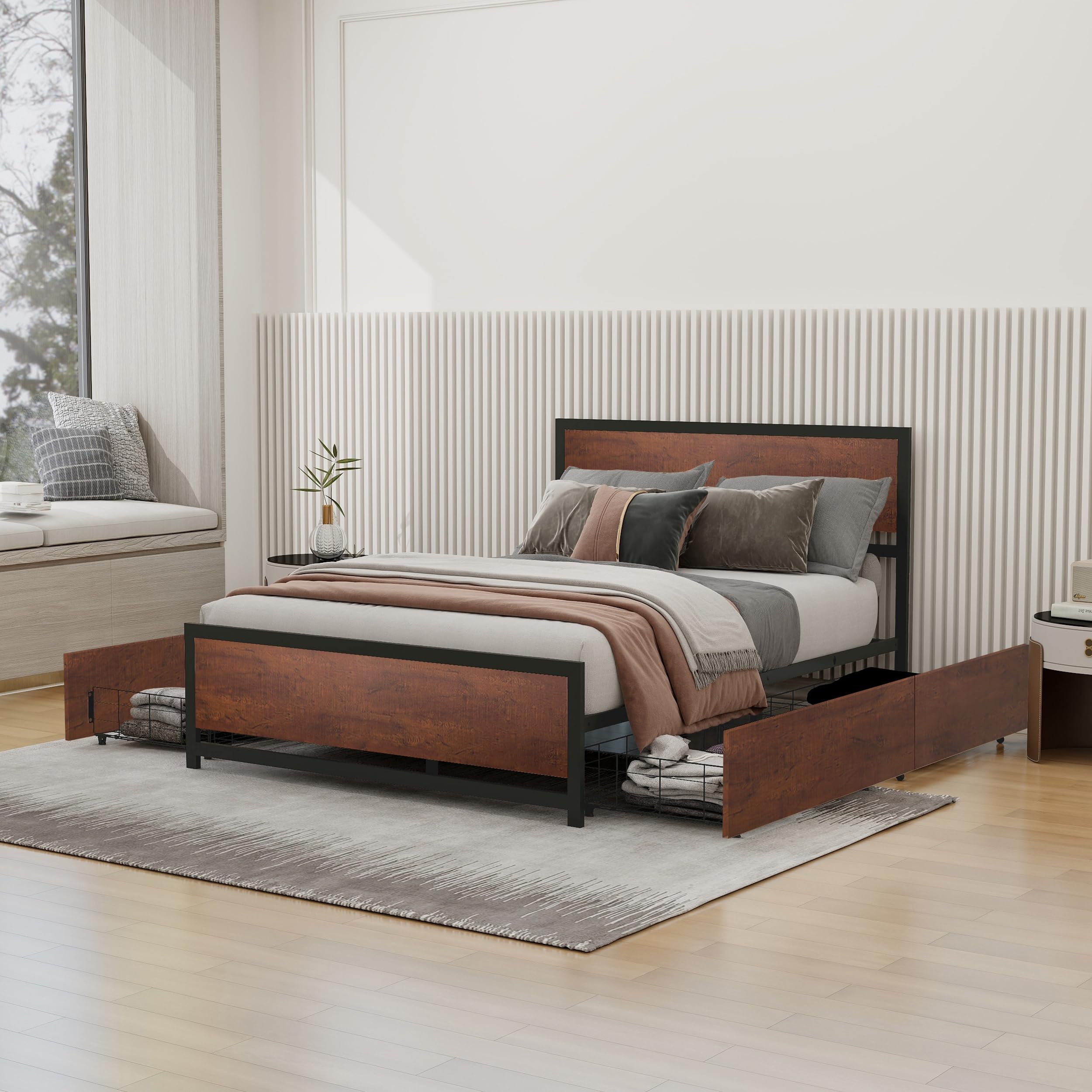Full Metal Bed Frame with 4 Storage Drawers - Modern Industrial Rustic Platform Bed with Wooden Headboard & Footboard - No Noise, No Box Spring Needed - Easy Assembly - Mahogany Finish - Perfect for Small Spaces, Guest Rooms & Modern Farmhouse Bedrooms