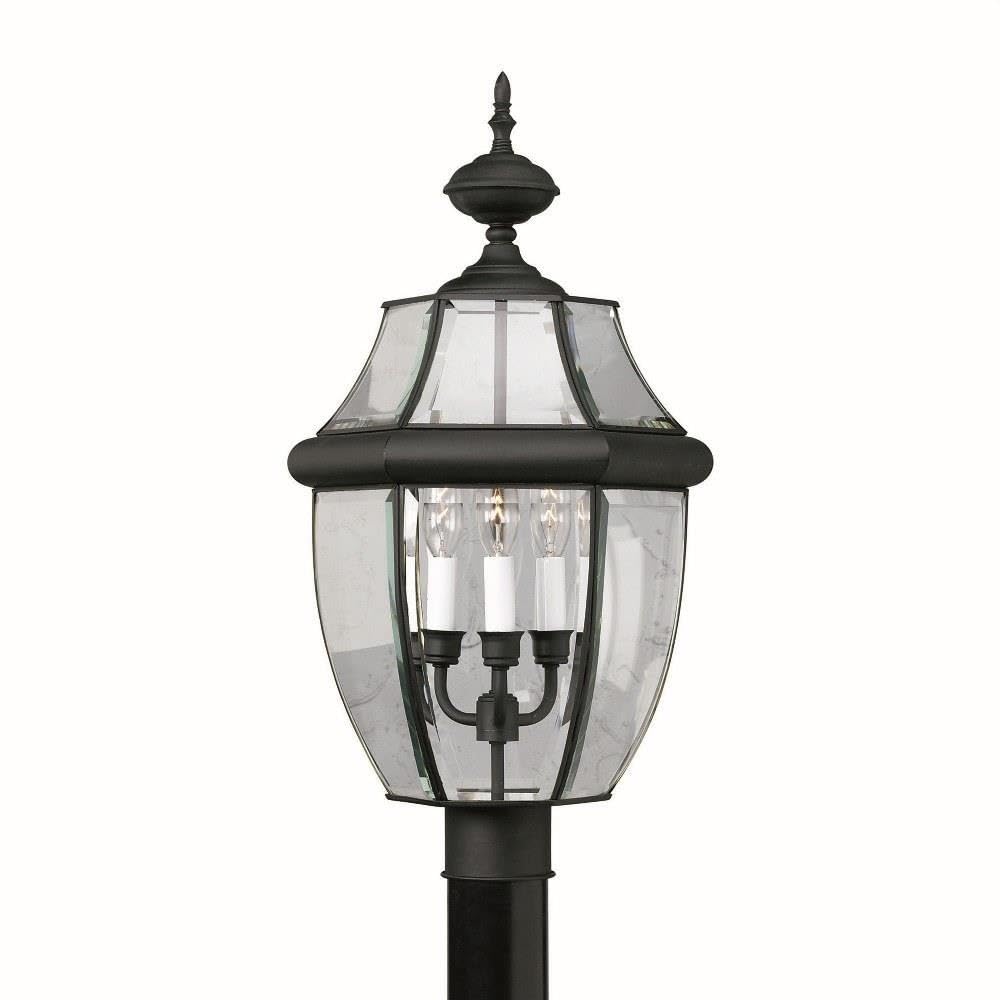 1604-03-04 Black Outdoor Post Lantern - Traditional 3-Light Exterior Lighting with Clear Beveled Glass - Perfect for Porch, Patio, Garden and Driveway Lighting