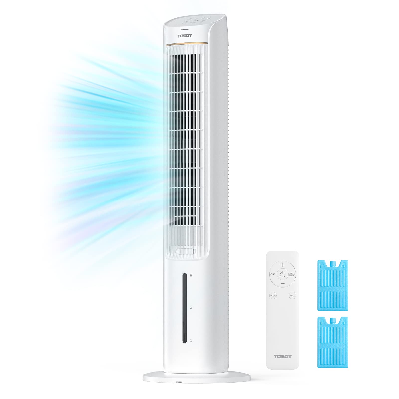TOSOT 80° Oscillating Tower Fan with Remote Control - 3 Speed Quiet Cooling Fan, 360m³/h CFM, 7-Hour Timer & 4L Removable Water Tank Humidifier - Includes 2 Ice Packs for Extra Cooling - Perfect for Bedroom, Living Room & Office Use