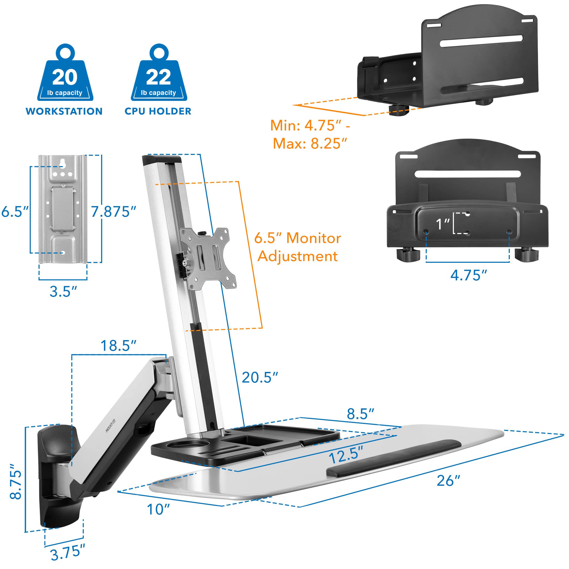 Mount-It! Adjustable Height Sit Stand Wall Mount Workstation - Ergonomic Computer Desk with Articulating Monitor Arm, Keyboard Tray & CPU Holder - VESA 75x75/100x100 (MI-7905) - Perfect for Home Office, Gaming Setup & Workspace Organization