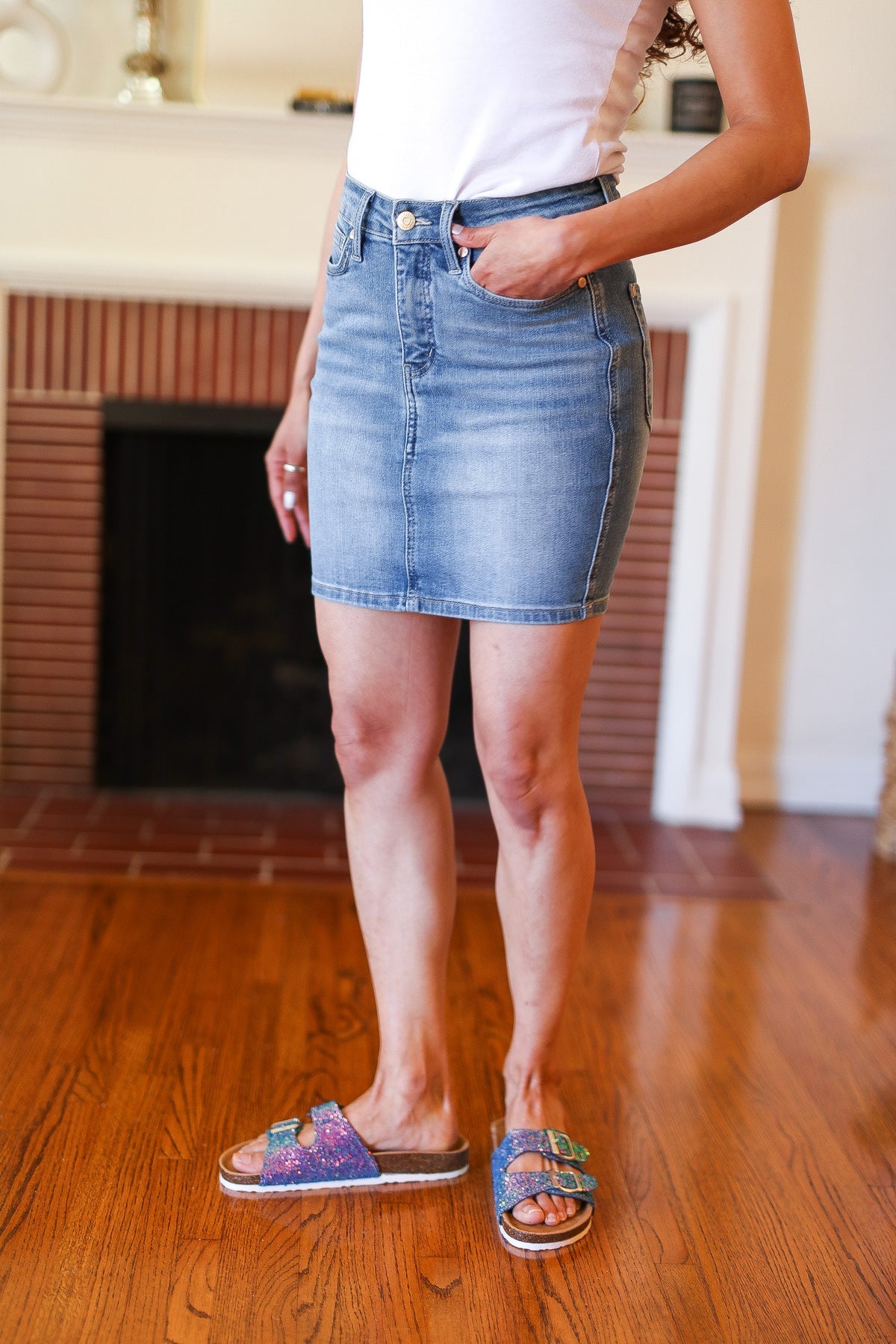 Judy Blue Medium Wash High Rise Tummy Control Denim Skirt for Women - Slimming Stretch Jeans Skirt for Casual Outfits & Date Nights