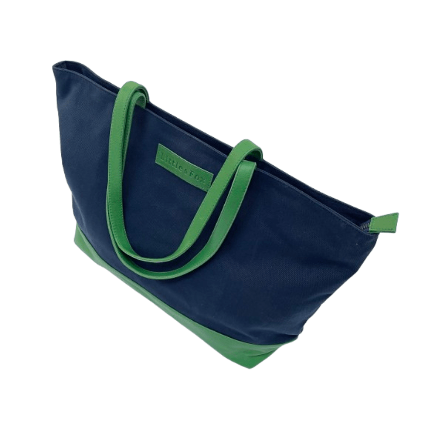 The Little & Fox Premium Indigo Tote Bag with Emerald Leather - Stylish & Durable Handbag for Work, Travel & Everyday Use