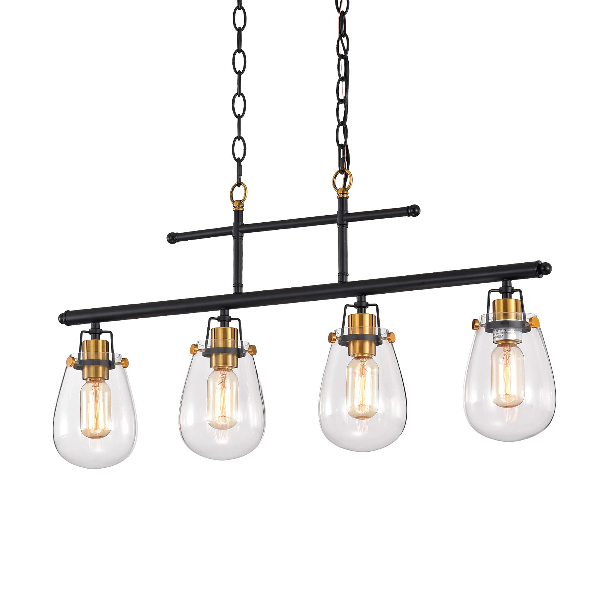 Edvivi 4-Light Industrial Kitchen Island Chandelier - Black & Antique Gold Finish with Clear Glass Shades - Perfect for Kitchen Islands & Dining Room Lighting