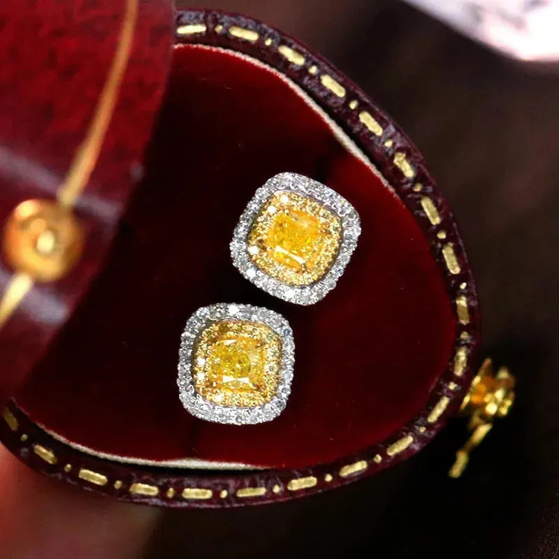 18K White Gold Luxury Natural Yellow Diamond Halo Stud Earrings for Women | Engagement, Wedding & Party Jewelry | Perfect Gift for Anniversary, Valentine's Day & Special Occasions