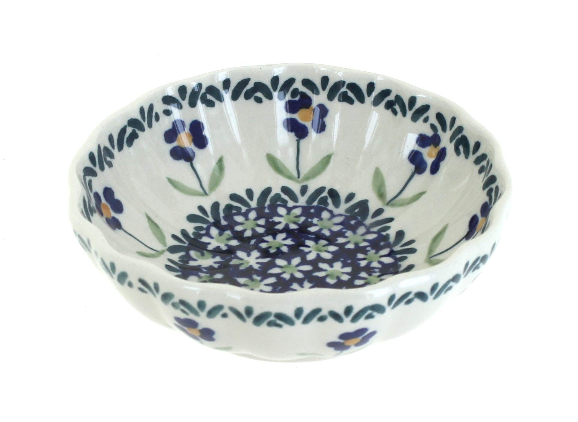 Handmade Blue Rose Polish Pottery Bowl - Blue Daisy Small Scallop Design - Perfect for Salads, Desserts & Home Decor