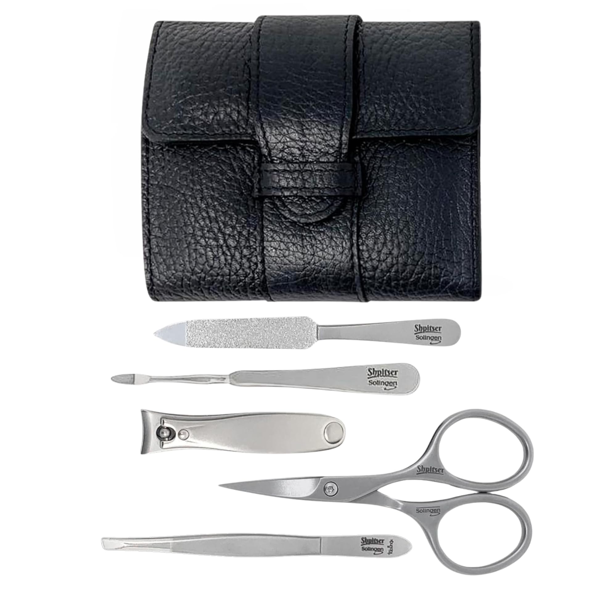 Premium Shpitser Nail Kit - Professional 5-Piece Manicure & Pedicure Set with Stainless Steel Scissors, Clippers, Tweezers, Nail Cleaner & File | German Crafted Solingen Steel | Luxury Black Italian Leather Case | Perfect for Home Spa, Travel & Gift Giving