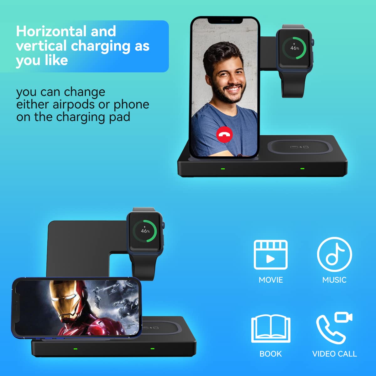 DREU 3-in-1 Wireless Charging Station for iPhone 13/12/11/Pro/XS/XR/X/SE/8/8 Plus, AirPods Pro & Apple Watch Series 6/SE/5/4/3/2 - Qi Fast Charger Stand with Foldable Design | Perfect for Nightstand, Office Desk & Travel