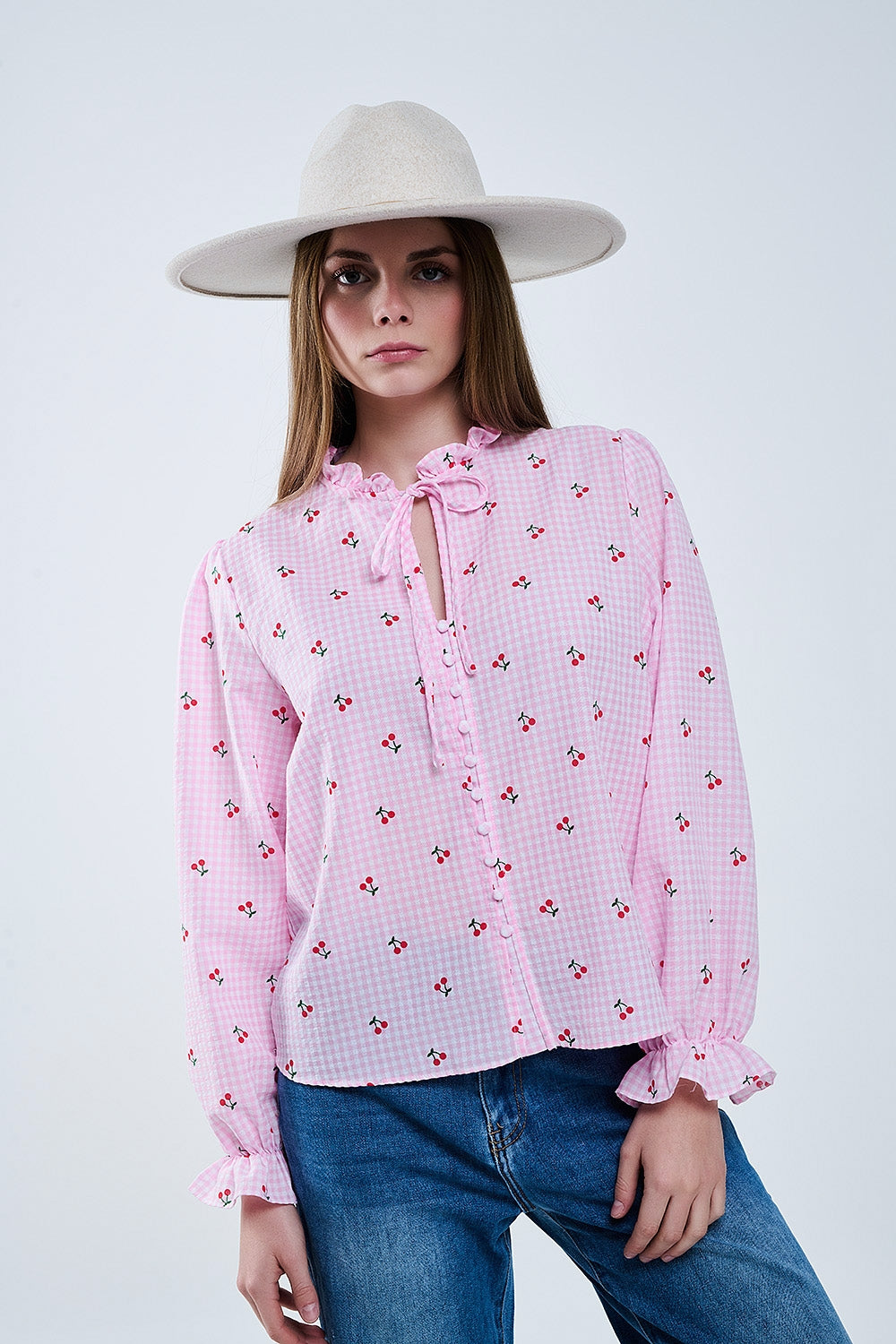 Pink Blouse with Cherry Details and Bow Tie - Elegant Women's Fashion for Work, Dates & Special Occasions