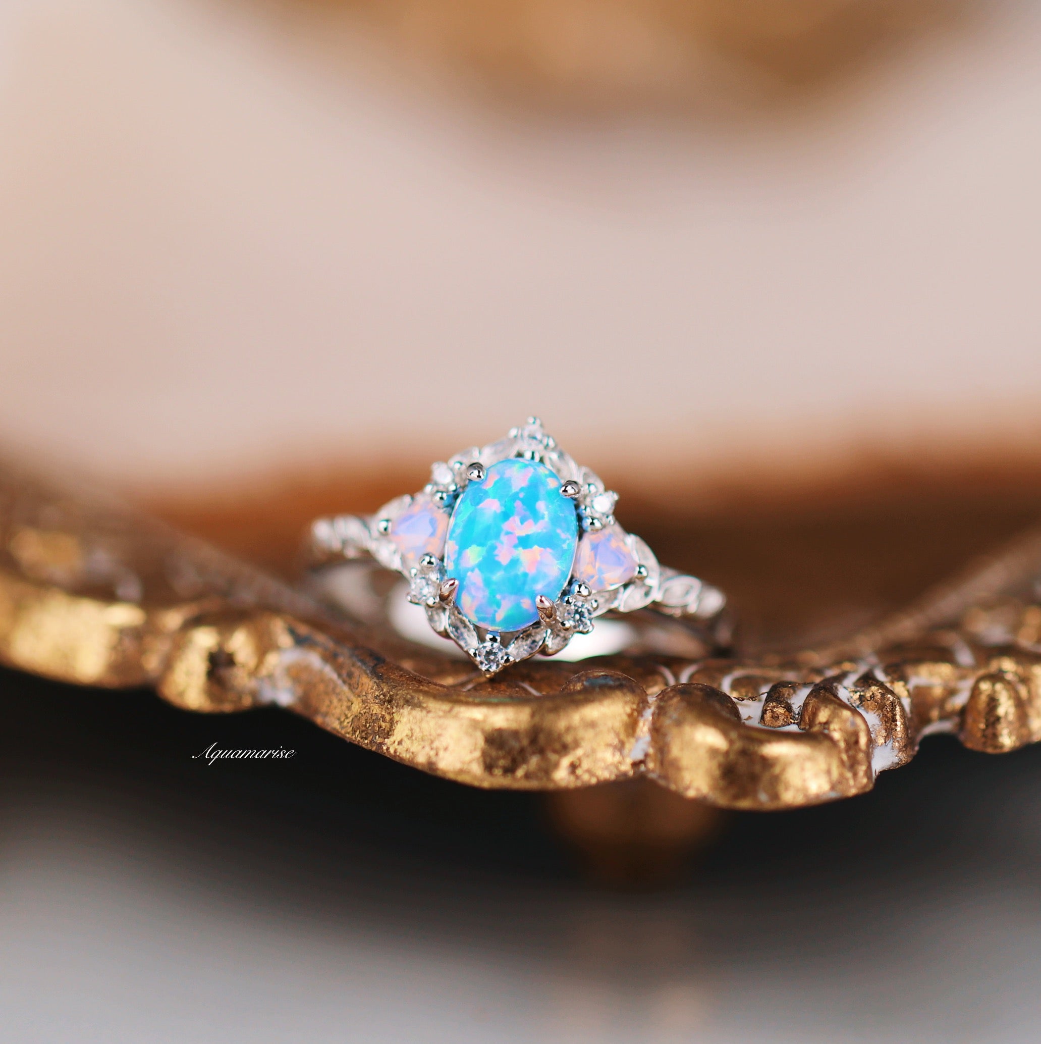 Blue Fire Opal & Opalescent Sapphire Leaf Fairy Ring - 925 Sterling Silver Jewelry for Women - Perfect for Weddings, Parties & Special Occasions