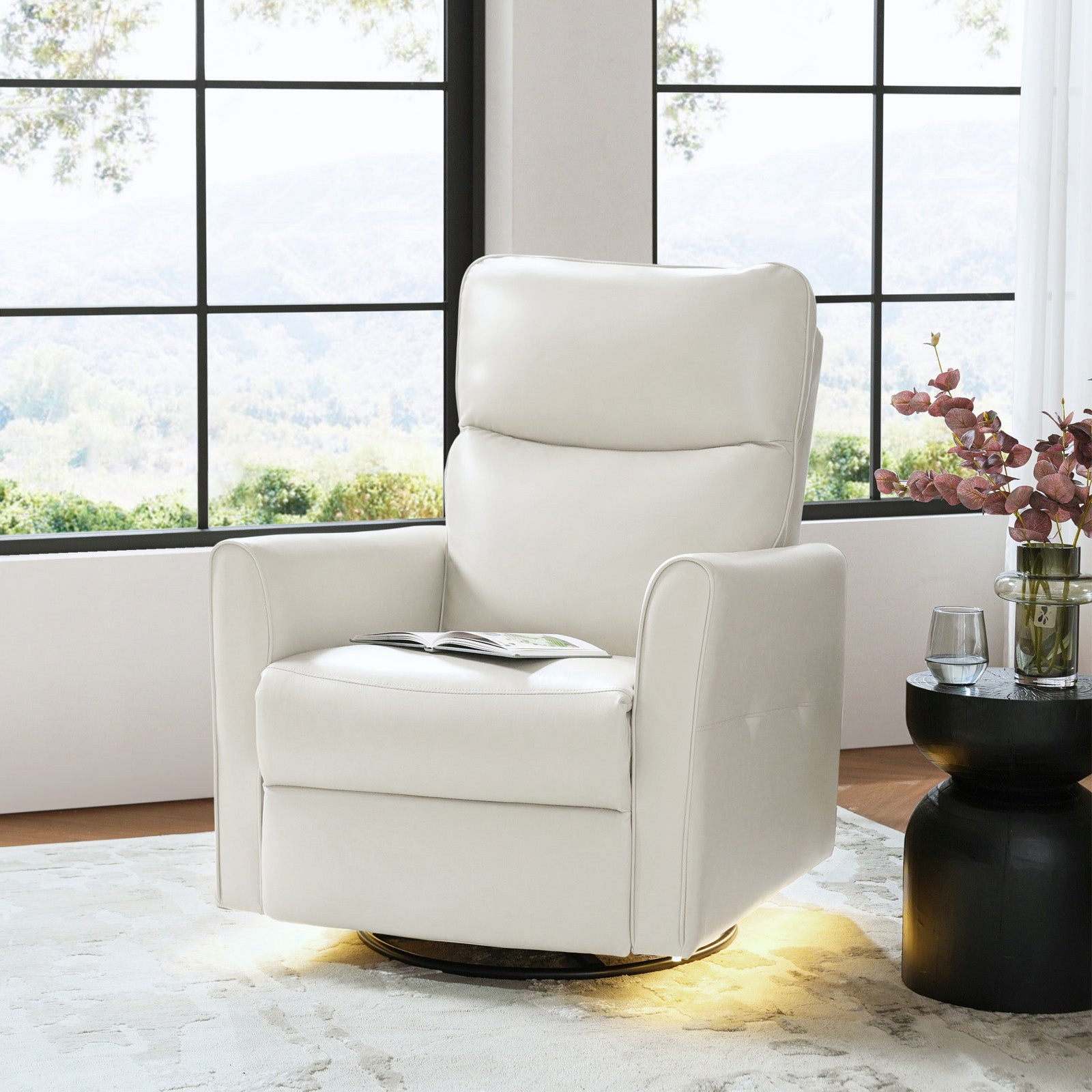 Modern Faux Leather Power Swivel Recliner Chair with USB Charging & Adjustable LED Reading Lamp - Perfect for Home Theater, Living Room & Office Relaxation