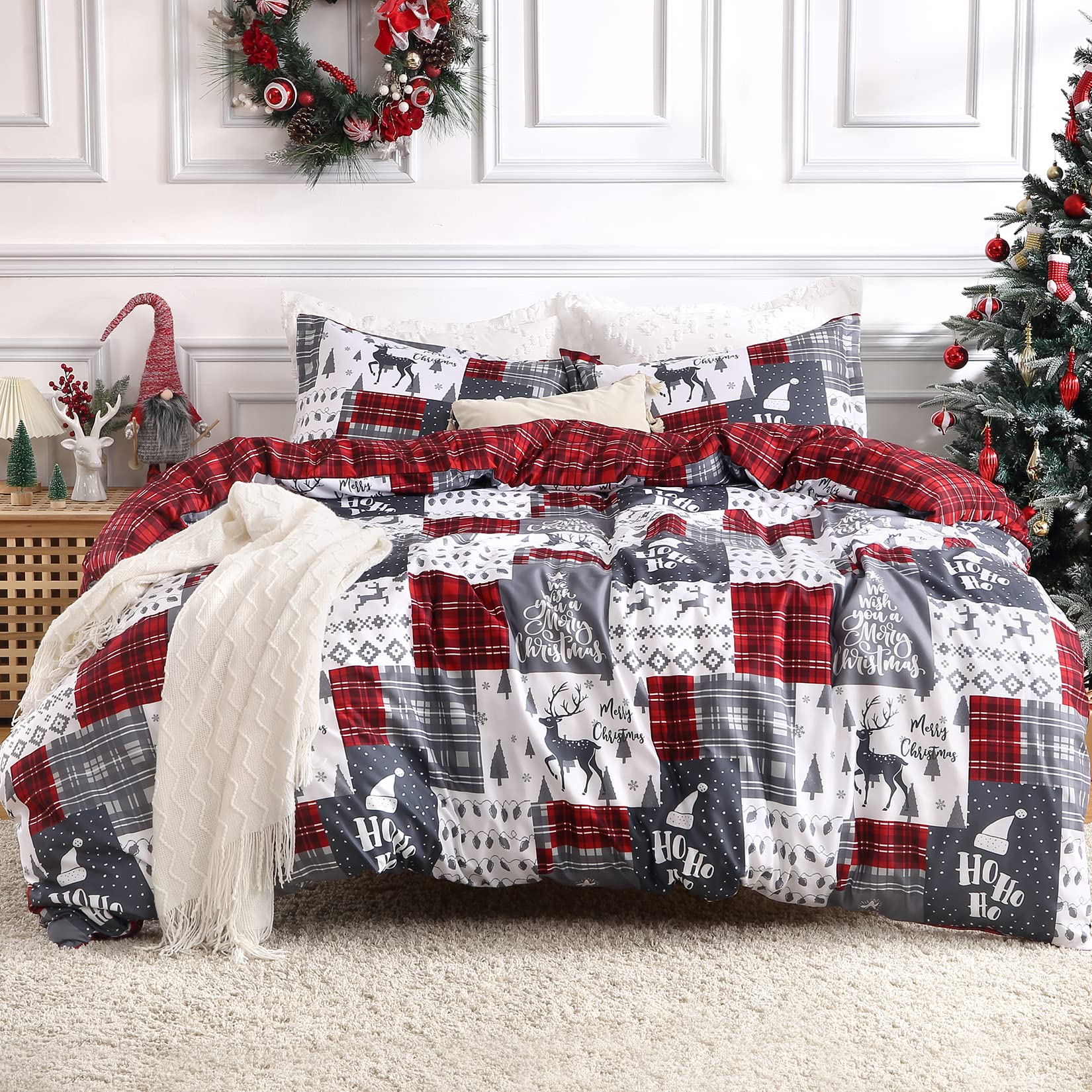 CAROMIO Christmas Duvet Cover King Size - Soft Red Microfiber Reversible Printed Comforter Cover Set - Holiday Plaid Bedding for Festive Home Decor - Perfect for Christmas Bedroom, Guest Room & Winter Season