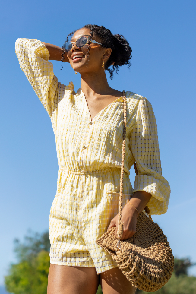 Set On You Yellow Gingham Long Sleeve Romper - Women's Summer Jumpsuit with Pockets | Perfect for Beach Vacations, Picnics & Date Nights