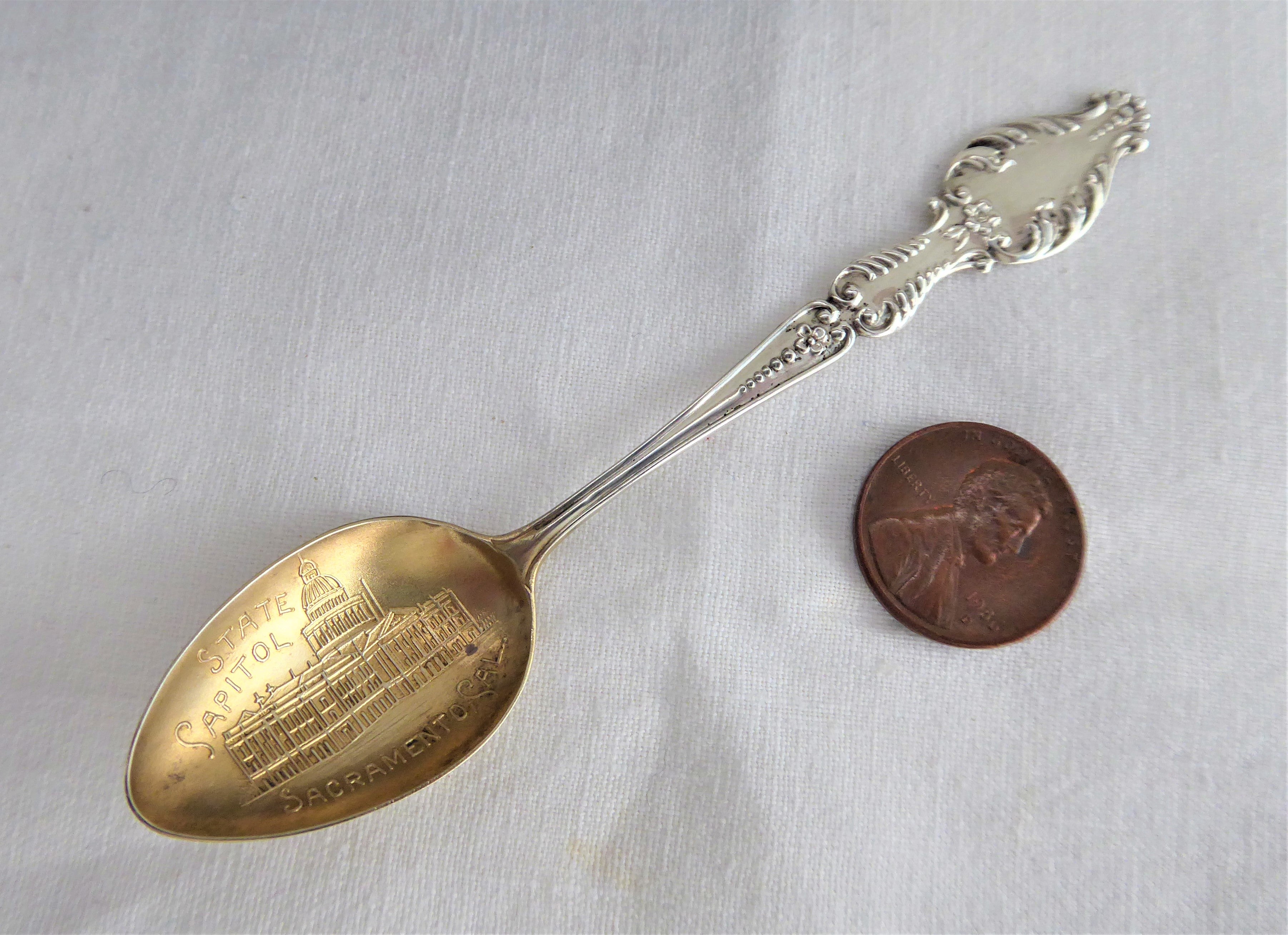 Antique Victorian Sterling Silver Souvenir Spoon - Sacramento California 1890s with Embossed Gold Wash Bowl | Collectible Silverware, Perfect for Display, Gift Giving & Historical Collections