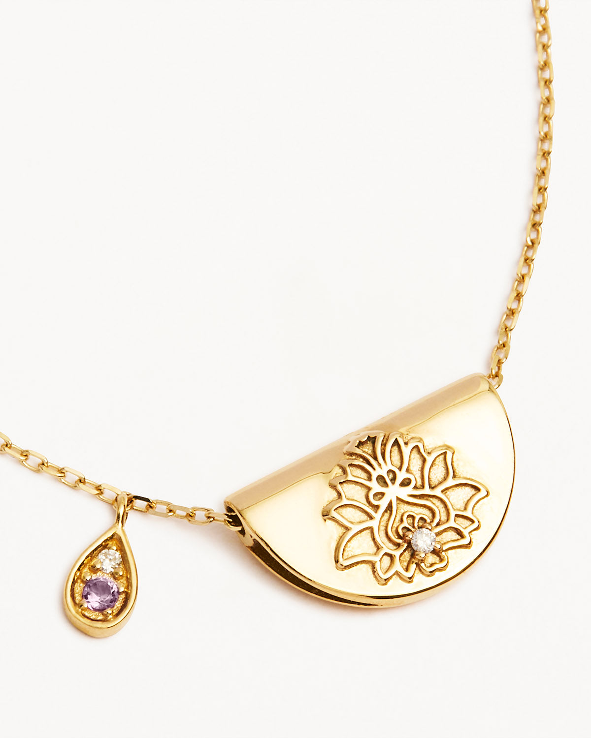 14K Solid Gold Lotus Birthstone Diamond Necklace with February Amethyst - Elegant Jewelry Gift for Women, Perfect for Valentine's Day & Anniversary