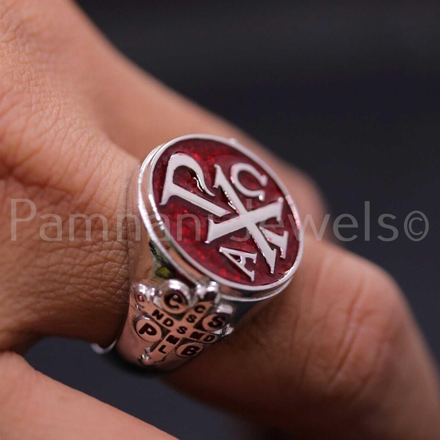 Alpha Omega Chi Rho 925 Sterling Silver Signet Ring for Men - Red Enamel Heavy Silver Ring, Religious Jewelry Gift for Boys, Christmas Present - Perfect for Weddings, Baptisms & Everyday Wear