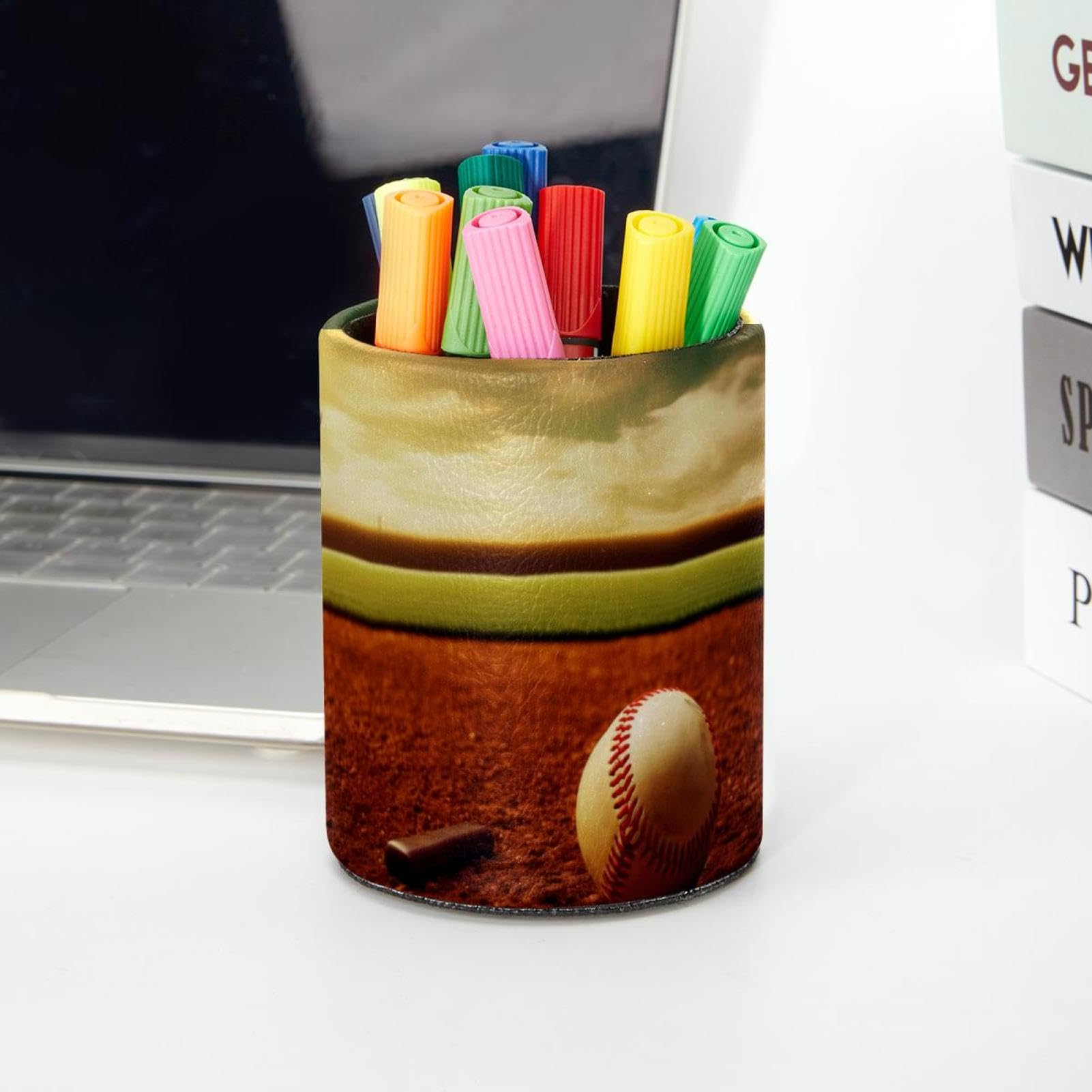 Baseball Themed Pen Holder & Makeup Brush Organizer - Stylish Desk Pencil Cup for Office, School, or Home Decor - Perfect for Baseball Fans, Students & Makeup Lovers
