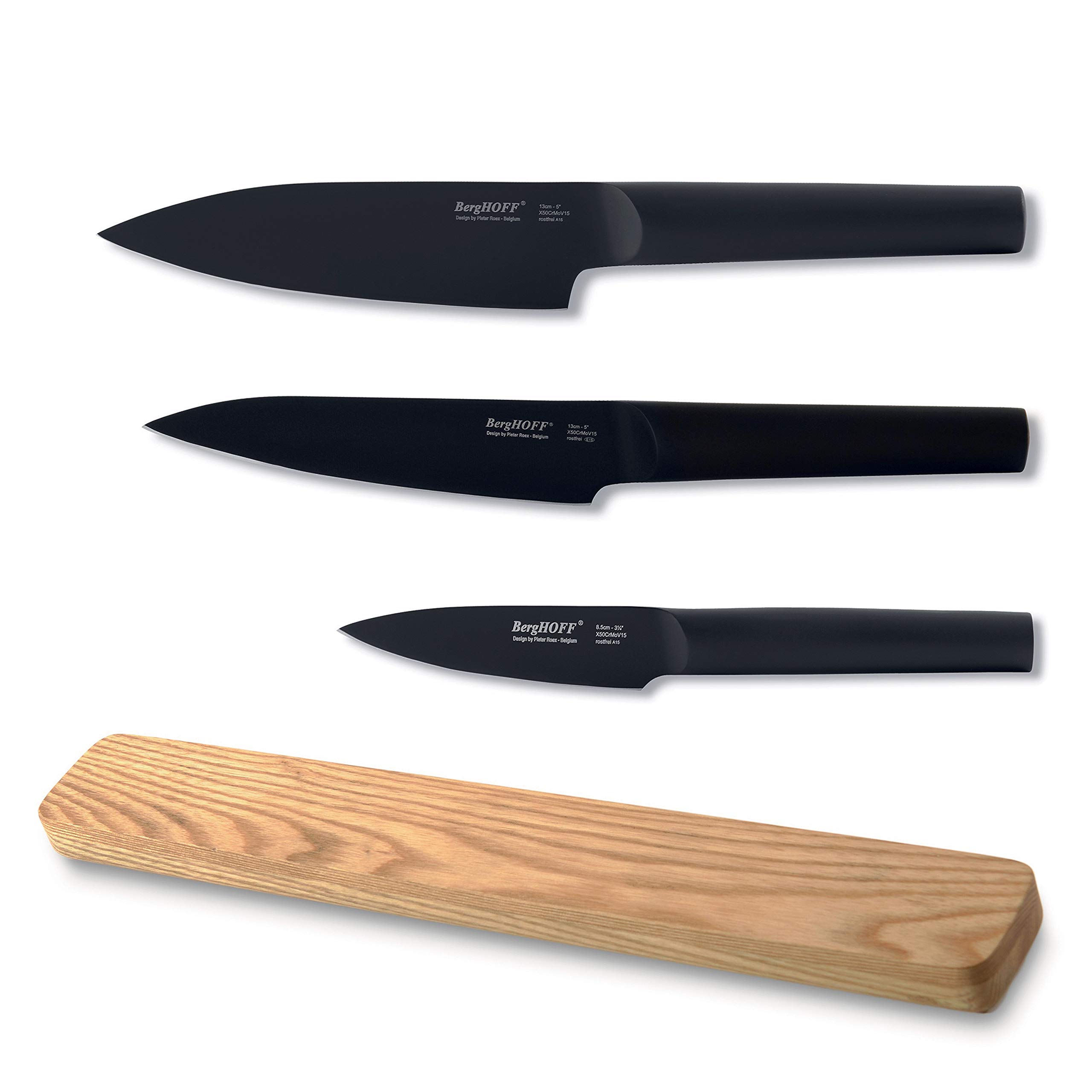 Berghoff RON 18/10 Stainless Steel 3-Piece Knife Set with Wood Magnetic Wall Mount Holder - Titanium PVD Coating, Non-Stick, Sharp & Well Balanced - Perfect for Kitchen, Cooking, Food Prep & Home Use
