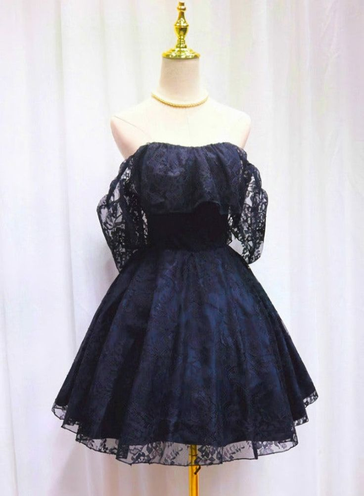 Off The Shoulder Lace Short Party Dress for Women - Navy Blue Homecoming Dress J4863 | Elegant Cocktail Dress for Prom, Wedding Guest & Special Occasions