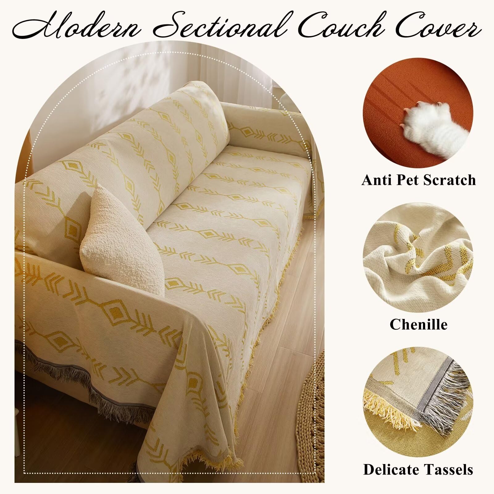 VClife Reversible Chenille Sofa Slipcover - Soft Thick Boho Couch Cover for 2 Cushion Sofa, Sectional & Futon - Beige Yellow Herringbone Plaid Design - Dog & Pet Furniture Protector - Perfect for Living Room, Bedroom & Home Decor