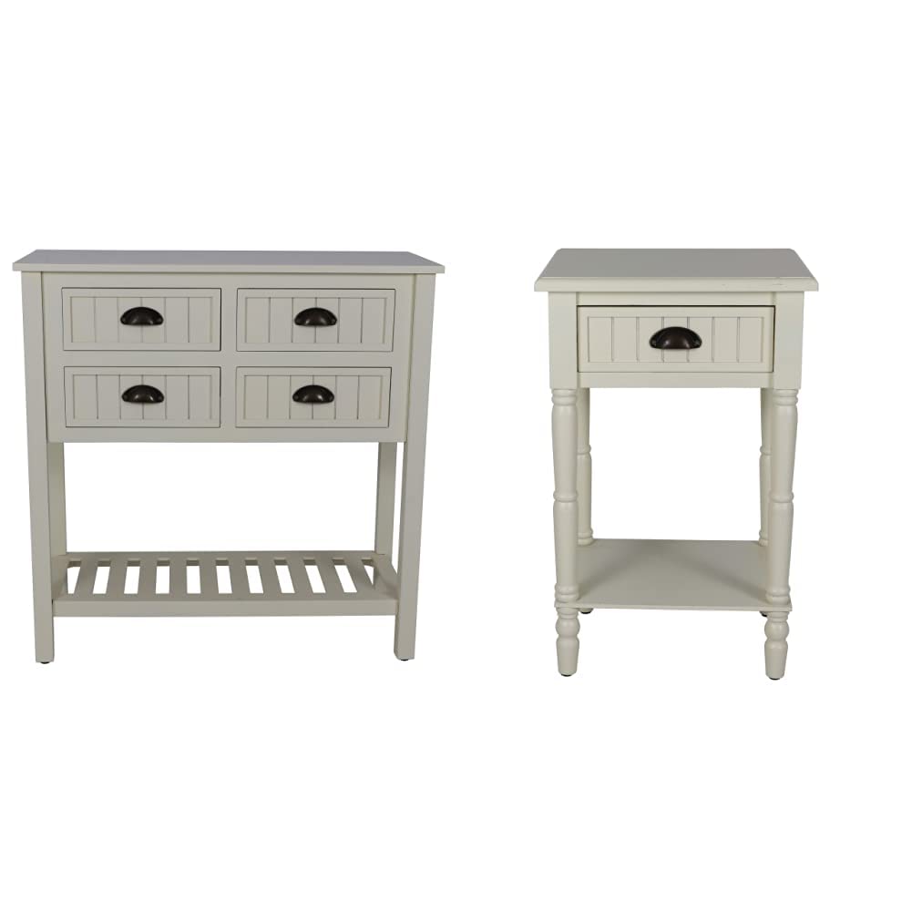 Decor Therapy Bailey Bead Board 4-Drawer Console Table & 1-Drawer Accent Table Set - Antique White - 14x32x32 & 14x17x26.5 - Farmhouse Entryway Furniture for Hallway, Living Room, Bedroom Decor