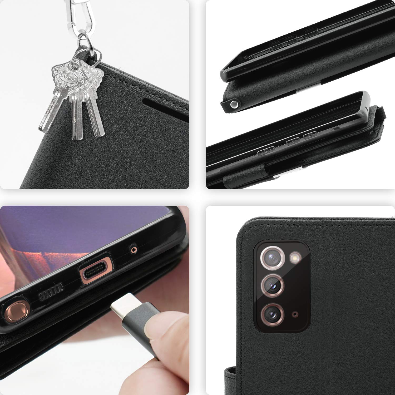 Samsung Galaxy Note 20 Case - PU Leather Wallet Case with Card Holder & Wrist Strap | Shockproof Protective Cover for Note 20 5G | Perfect for Business Travel & Daily Commute (Black)