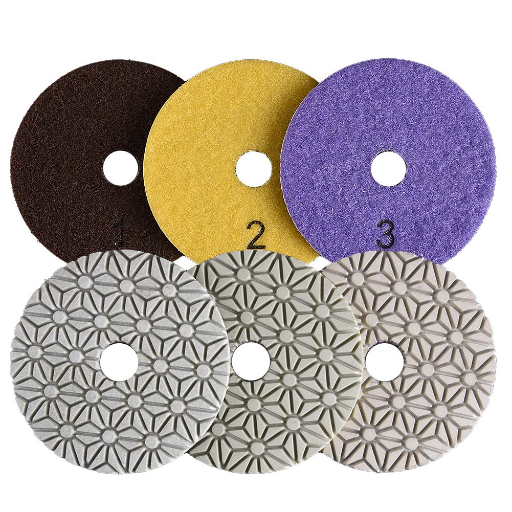 GoYonder 4 Inch Wet/Dry Diamond Polishing Pads Set - 3pc 50-6000 Grit Stone Granite Polish Kit for Grinder, Polisher & Drill | 105mm Marble Polishing Pads in 3 Steps | Perfect for Countertop Restoration, Tile Refinishing & DIY Stone Projects