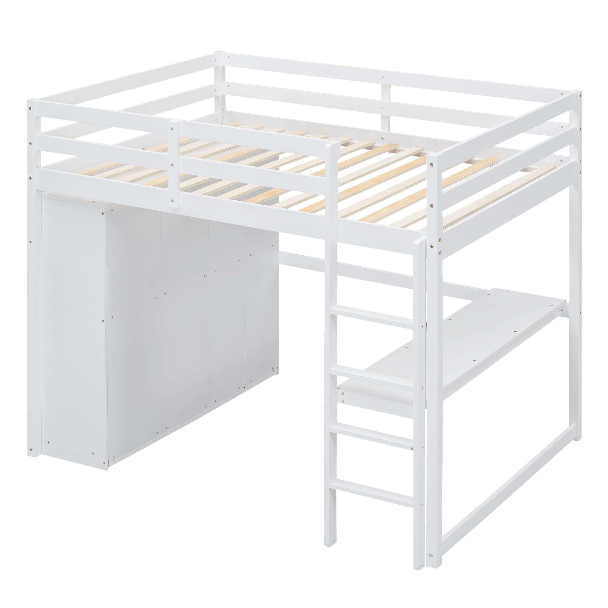 Full Size Wooden Loft Bed with Desk, Built-in Wardrobe & Storage Drawers - Space Saving Kids/Teens Bedroom Furniture with Shelves (White) - Perfect for Small Rooms, Dormitories & Studio Apartments