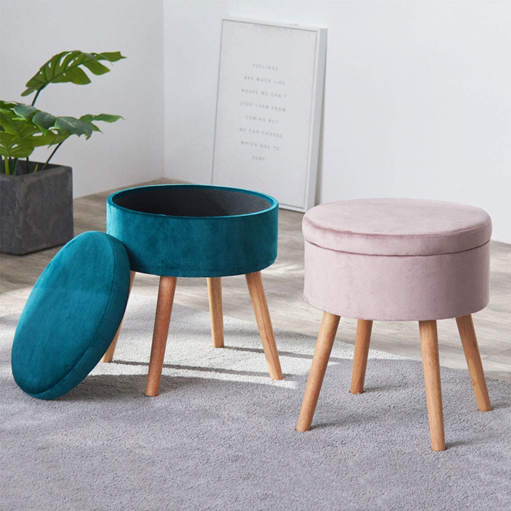 Blue Fabric Upholstered Ottoman Footstool with Removable Flannel Cover - Wooden Storage Stool for Living Room, Bedroom & Lounge Comfort