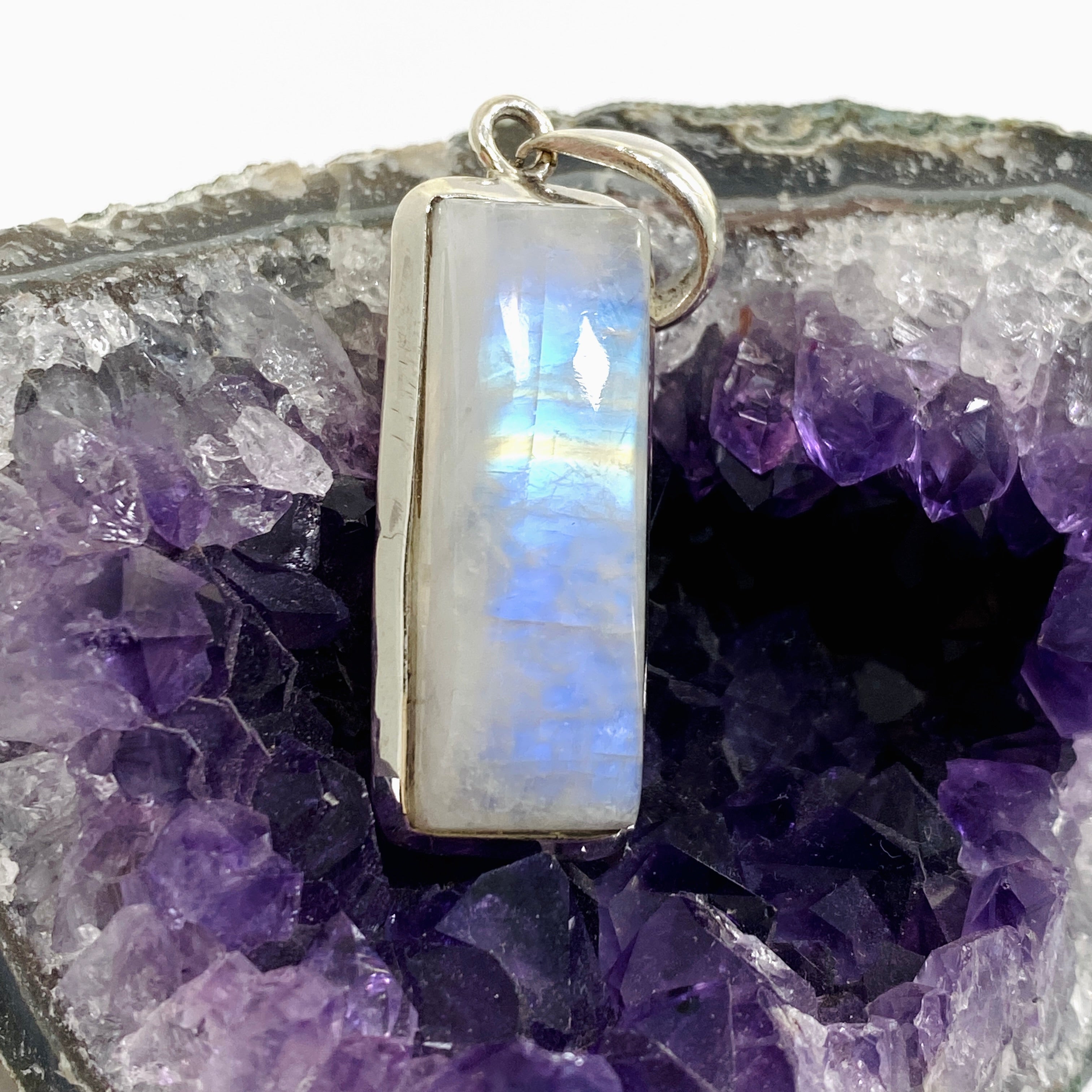 Natural Moonstone Rectangular Cabochon Pendant Necklace - 925 Sterling Silver Jewelry for Women - Perfect for Meditation, Yoga & Spiritual Healing
