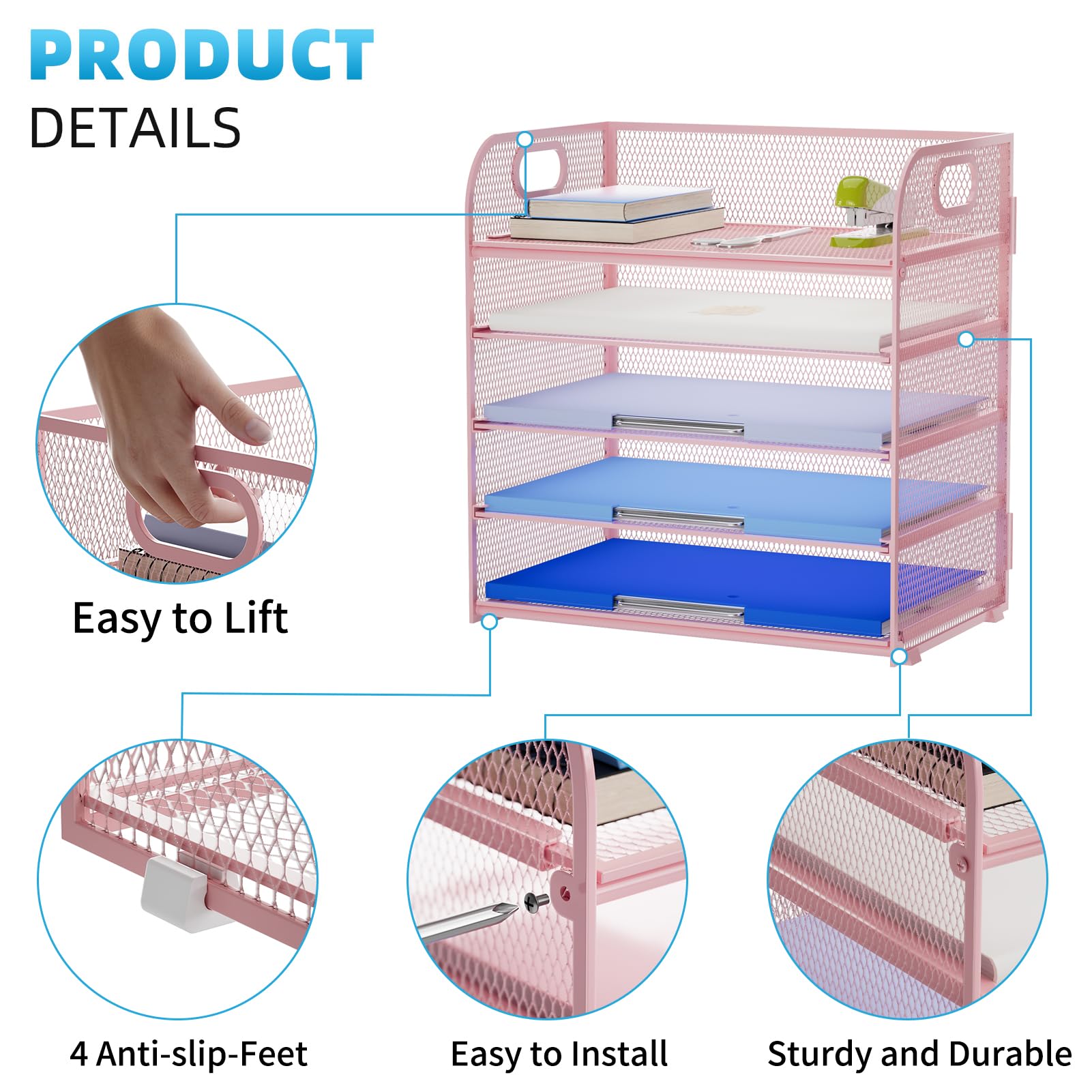 5-Tier Mesh Paper Organizer Letter Tray with Handle - Desk File Sorter for Home Office Supplies (Pink) | Perfect for Mail, Documents, Bills and Office Organization