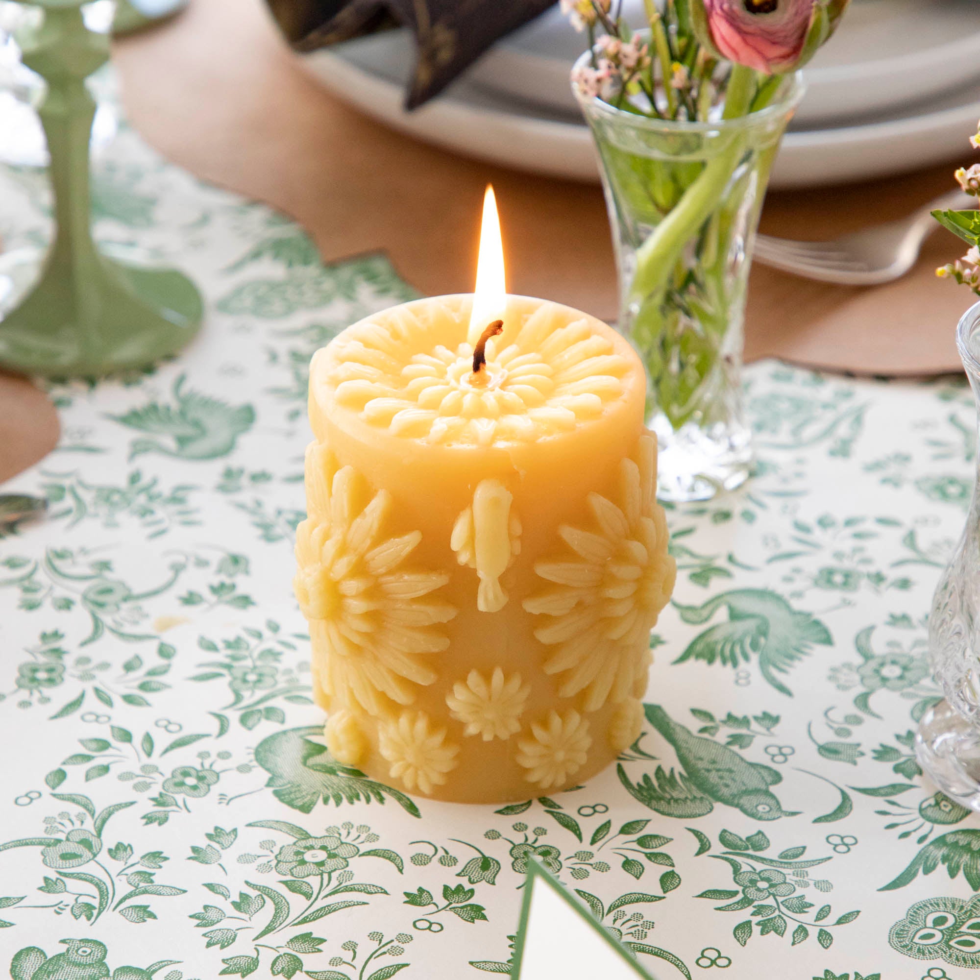 Natural Beeswax Floral Pillar Candle - Handmade Scented Candles for Home Decor, Wedding Centerpieces & Romantic Ambiance