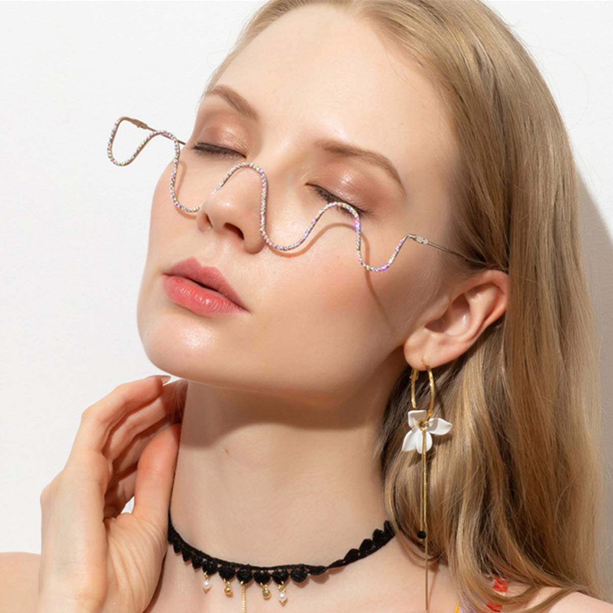 Sparkling Diamond Half Frame Glasses for Women - Fashionable Silver Eyeglass Frame Without Lenses | Perfect for Reading, Cosplay & Vintage Style Outfits