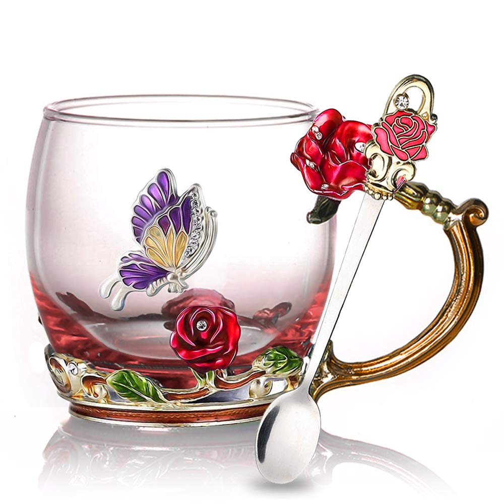 Elegant Rose & Butterfly Enamel Tea Cup Set - 12oz Glass Coffee Mug with Spoon - Perfect for Tea, Coffee & Hot Drinks - Unique Birthday, Wedding & Christmas Gift Idea - Ideal for Home, Office & Gifting
