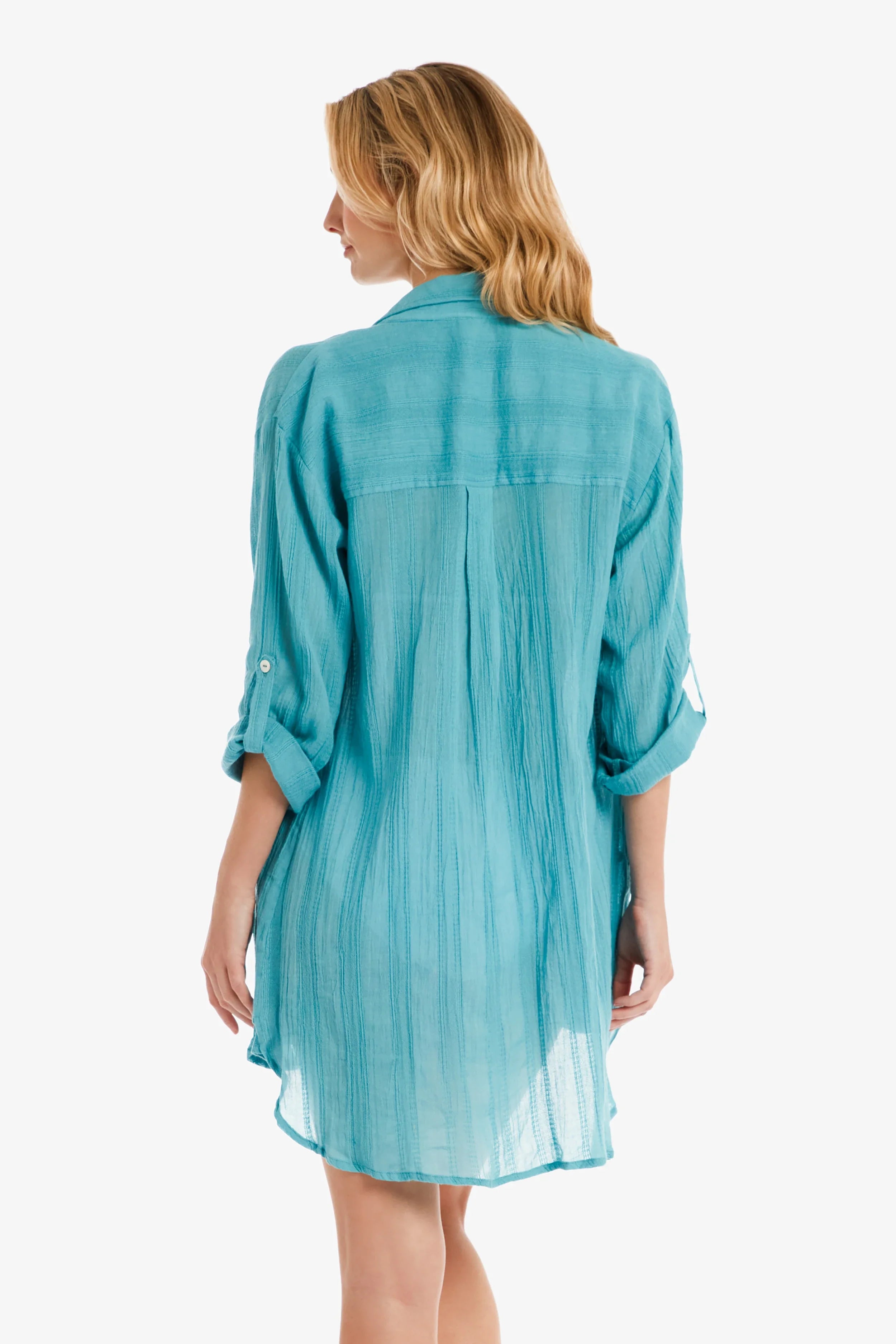 Relaxed Fit Long Sleeve Shirt Dress for Women - Coastal Blue Casual Wear | Perfect for Beach Outings, Weekend Brunch & Summer Travel