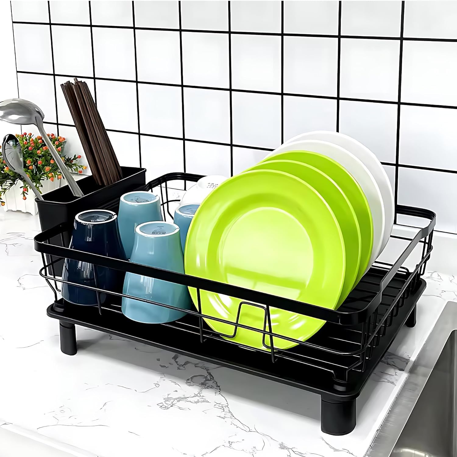 Kuber Industries Black Iron Kitchen Rack with Utensil Basket Drainer | Dish Drying Rack | Multipurpose Kitchen Organizer Stand | Space Saving Kitchen Storage Solution | Perfect for Small Kitchens, Countertops & Dish Drying Areas