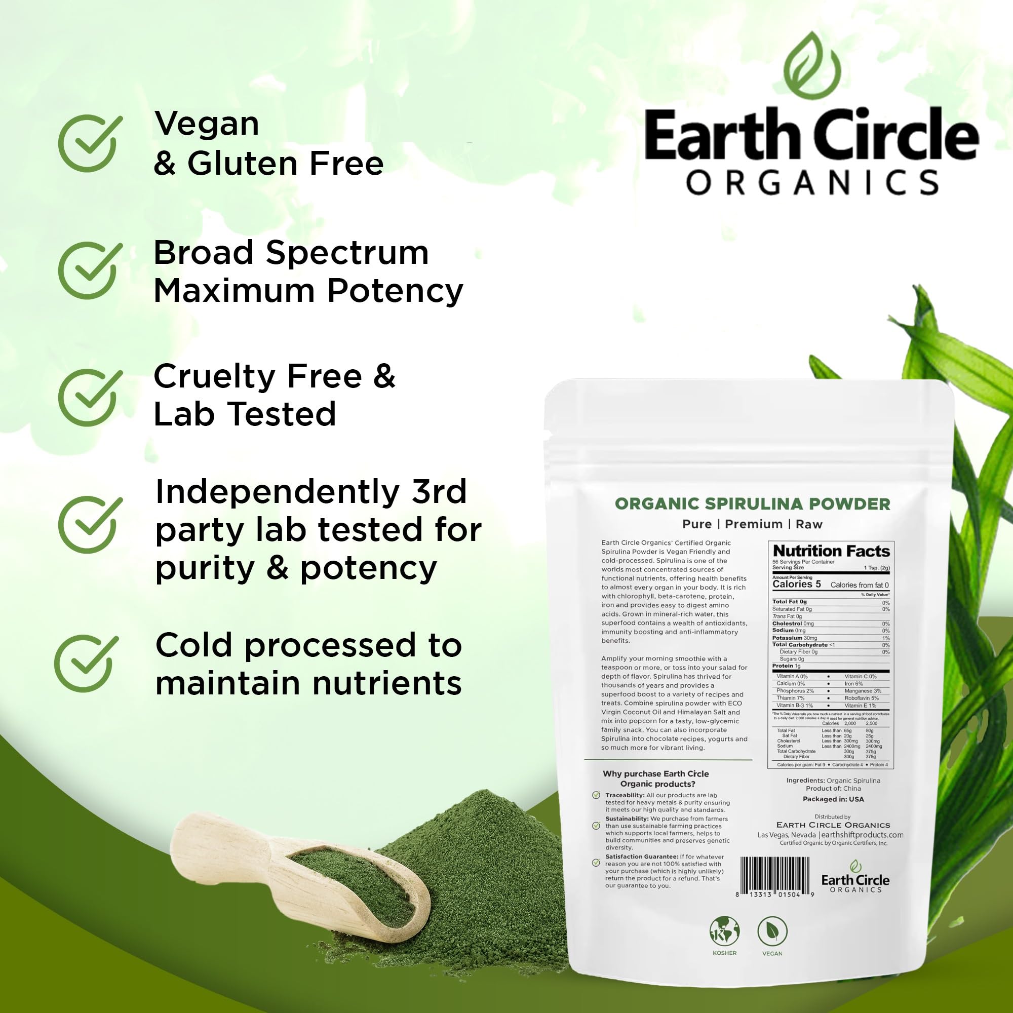 Organic Spirulina Powder - Raw, Non-Irradiated & Kosher Certified | Vegan Protein Superfood Rich in Amino Acids & Antioxidants | 4oz for Smoothies, Energy Drinks & Detox Recipes