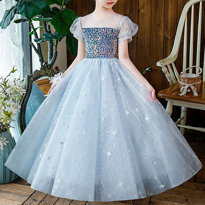 Elegant Baby Girls Blue Puff Sleeve Sequined Mesh Flower Girl Princess Dress - Toddler Pageant Dresses for Weddings, Birthday Parties & Special Occasions