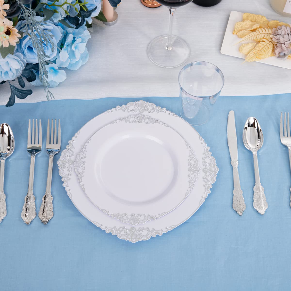 Hioasis 200-Pack Silver Plastic Plates & White with Silver Disposable Plates - 10.25 Inch & 7.5 Inch Elegant Dinnerware - Perfect for Christmas, Wedding, Party & Holiday Gatherings - Ideal for Buffets, Catering & Outdoor Events